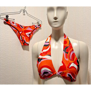SAME Los Angeles 2 Piece Swimsuit Bikini Sz M NWOT Orange Geometric Print Bright